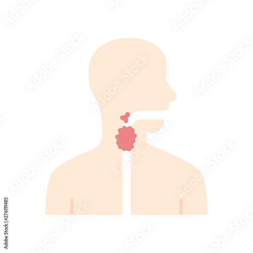 Ill throat flat design long shadow color icon. Angina, tonsillitis. People disease. Upper section of alimentary canal. Sick internal body part. Gastrointestinal tract. Vector silhouette illustration