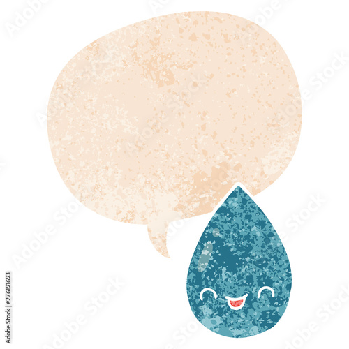 cartoon cute raindrop and speech bubble in retro textured style