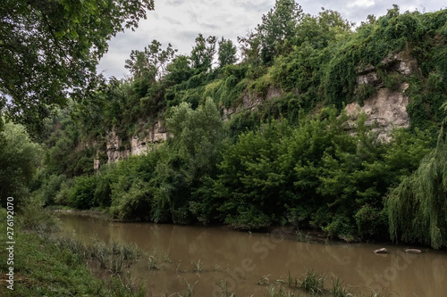 A river with muddy yellow water flows near a cliff overgrown with greenery under a cloudy sky.