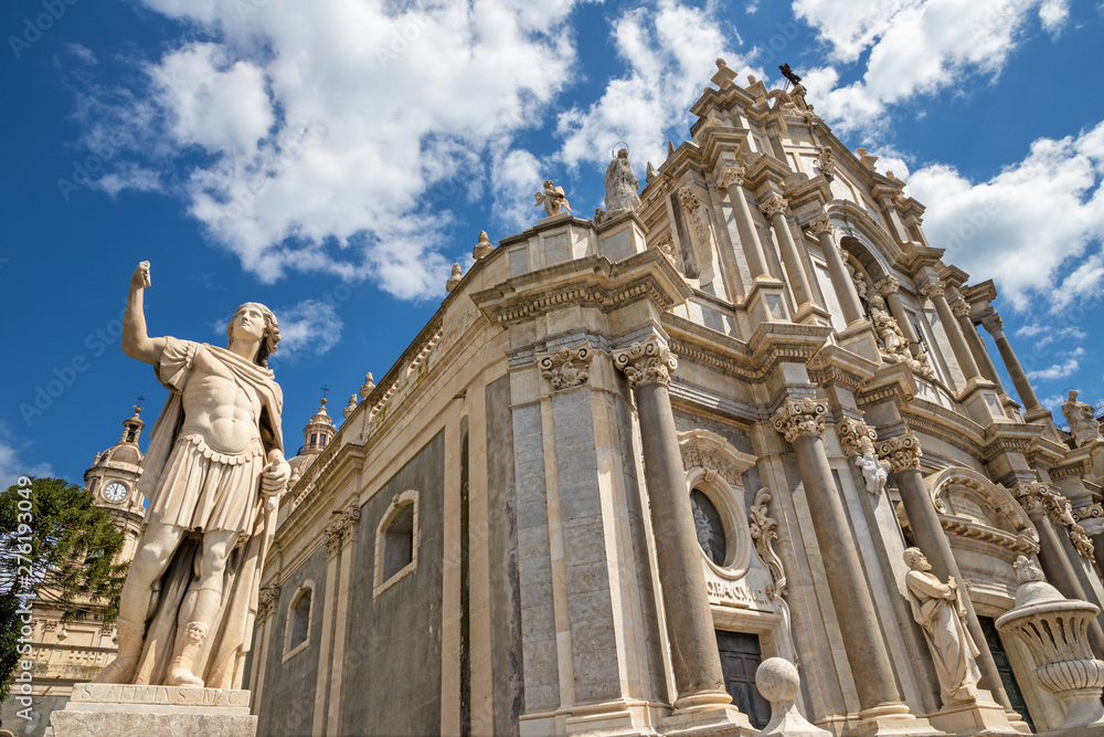 CATANIA, ITALY - APRIL 8, 2018: The statue of St. Attalus in front of Basilica di Sant'Agata.