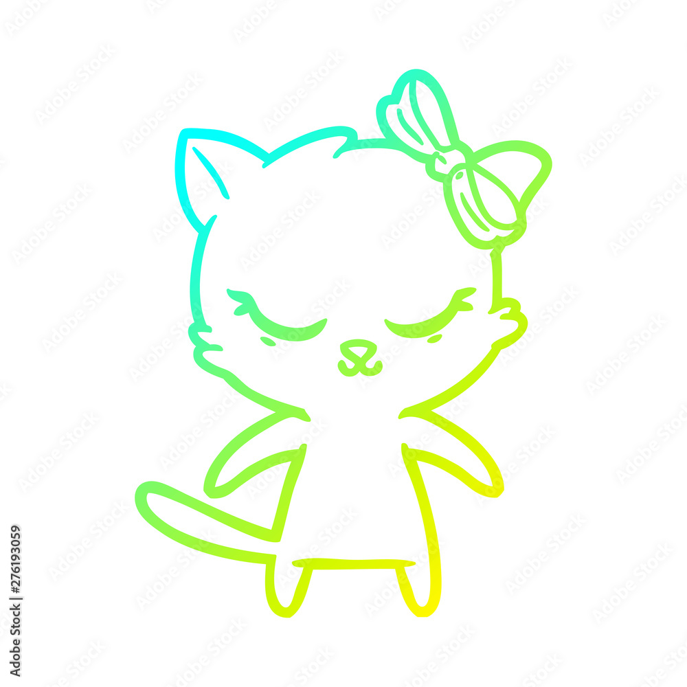 Fototapeta premium cold gradient line drawing cute cartoon cat with bow