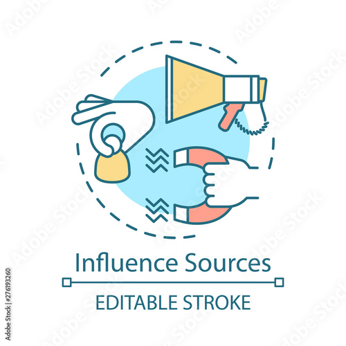 Influence sources concept icon. Customer attraction strategy idea thin line illustration. Clients retention. Advertising campaign. Marketing. Vector isolated outline drawing. Editable stroke