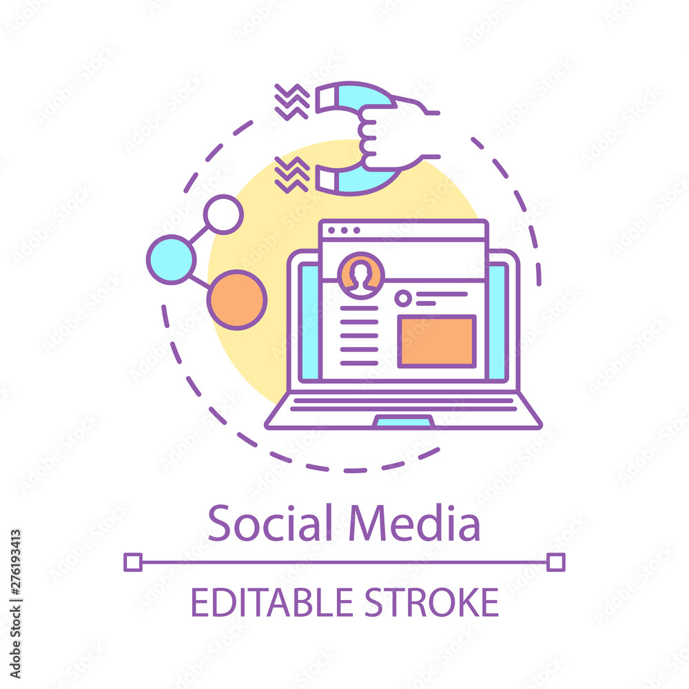 Social media concept icon. People connecting and sharing posts, liking idea thin line illustration. Social network, communication. SMM, customer attraction vector isolated drawing. Editable stroke