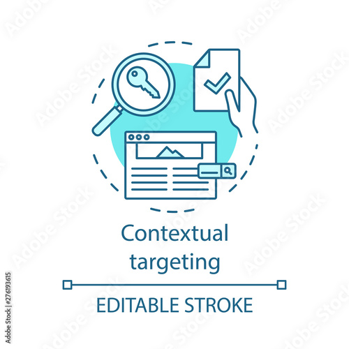 Contextual targeting turquoise concept icon. Copywriting, SEO keywording. Marketing campaign. Social network advertising idea thin line illustration. Vector isolated outline drawing. Editable stroke