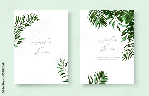 Wedding greenery tropical exotic floral minimalist invitation card save the date design