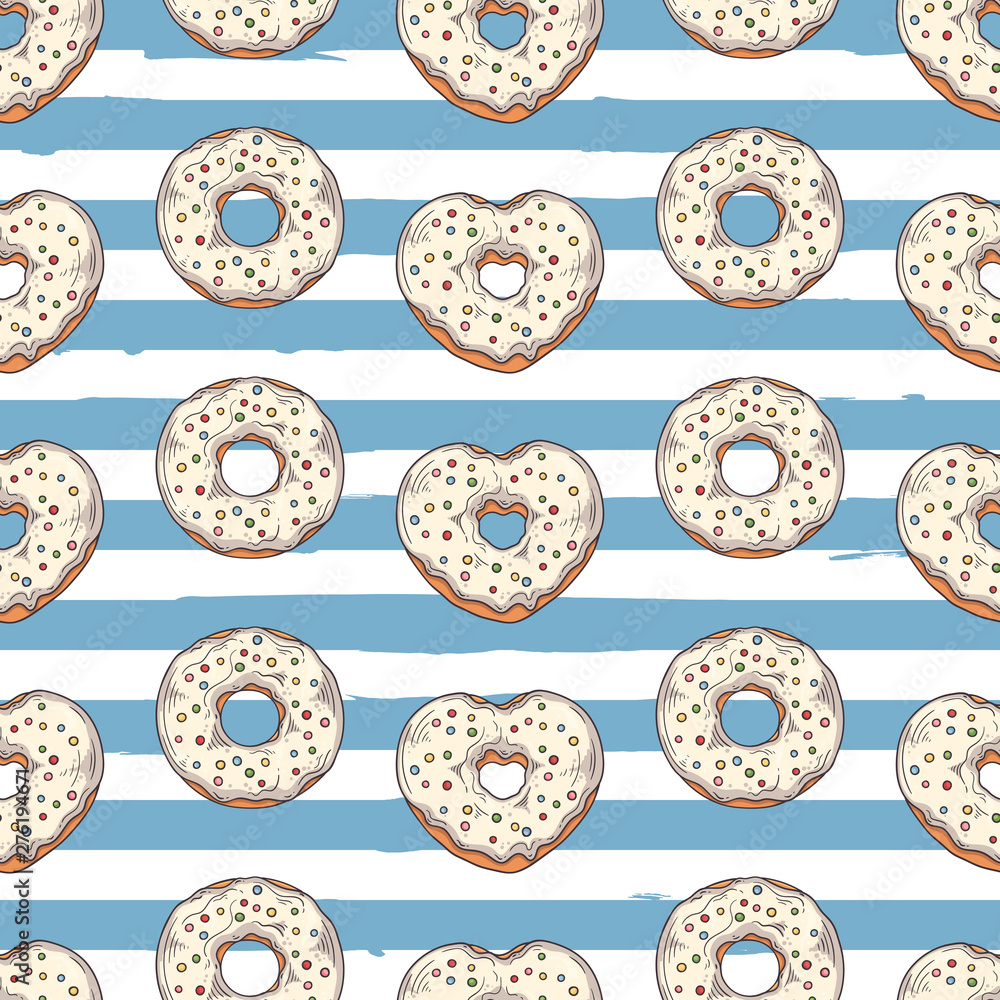 Vector seamless pattern. Glazed donuts decorated with toppings, chocolate, nuts. Vector seamless pattern. Glazed donuts decorated with toppings, chocolate, nuts.