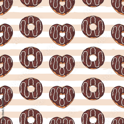 Vector seamless pattern. Glazed donuts decorated with toppings, chocolate, nuts.