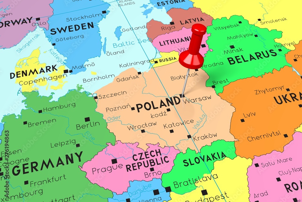 Poland, Warsaw - capital city, pinned on political map