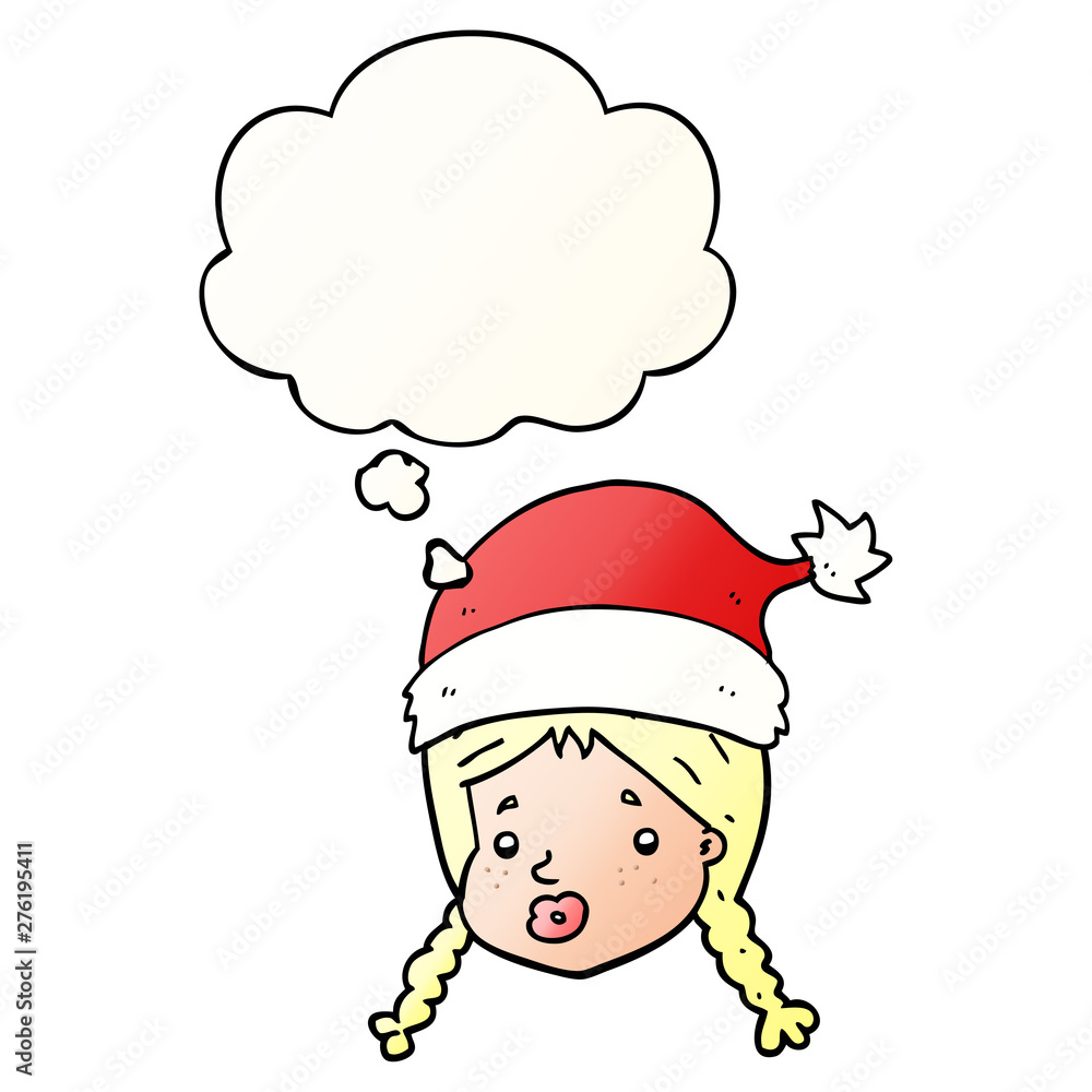 cartoon girl wearing christmas hat and thought bubble in smooth gradient style cartoon girl wearing christmas hat and thought bubble in smooth gradient style