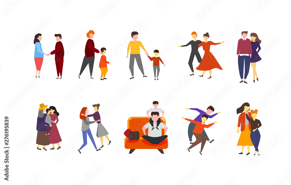 Colorful set of couples of families with kids collection. Men and woman romantic couple isolated vector illustration in cartoon style. Family with children. Colored characters on white background.