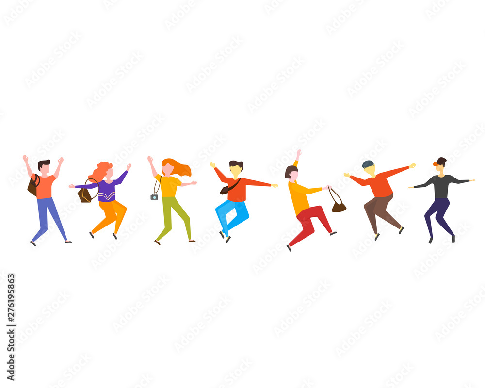 Laughing joyful young people jumping vector illustration on white background. Colorful positive young guys and girls with raised hands enjoying in flat cartoon style drawing. Happy men and woman set.