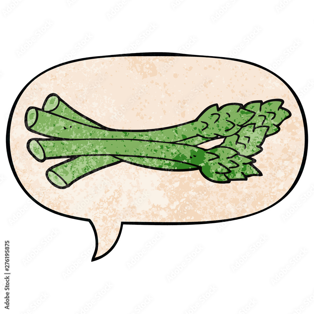 Naklejka premium cartoon asparagus and speech bubble in retro texture style