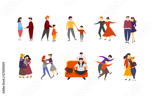 Colorful set of couples of families with kids collection. Men and woman romantic couple isolated vector illustration in cartoon style. Family with children. Colored characters on white background.
