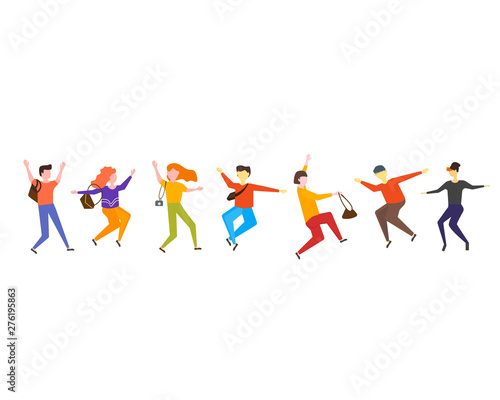 Laughing joyful young people jumping vector illustration on white background. Colorful positive young guys and girls with raised hands enjoying in flat cartoon style drawing. Happy men and woman set.