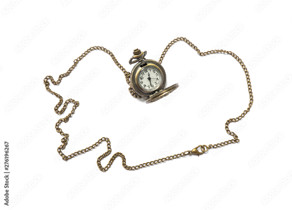 Fototapeta premium Closeup brass watch necklace isolated on white background