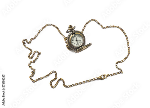Closeup brass watch necklace isolated on white background