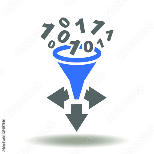 Digital data transformation logo. Funnel number zero one and arrows icon vector. Cyber information filter sorting analysis illustration.