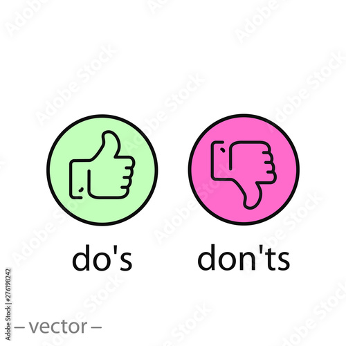 do's and don'ts icon, Like, unlike, yes, no, line symbols on white background - editable stroke vector illustration eps10