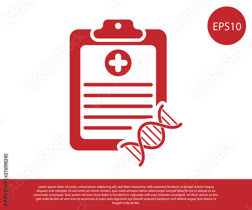 Red Clipboard with DNA analysis icon isolated on white background. Genetic engineering, genetics testing, cloning, paternity testing. Vector Illustration