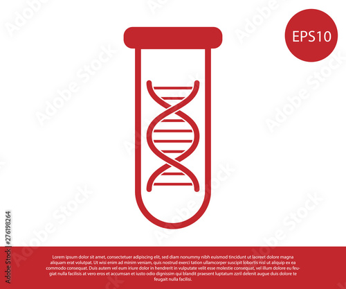 Red DNA research, search icon isolated on white background. Genetic engineering, genetics testing, cloning, paternity testing. Vector Illustration