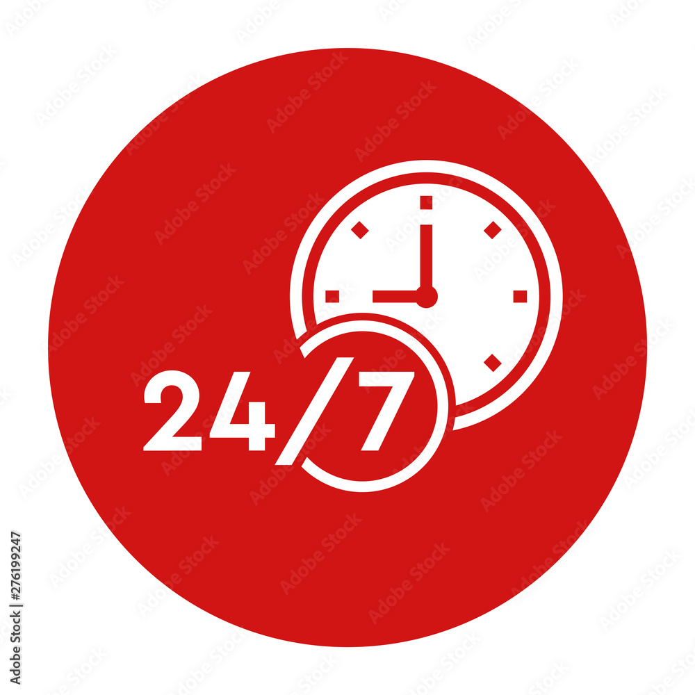 24/7 clock icon flat red round button vector illustration 24/7 clock icon flat red round button vector illustration