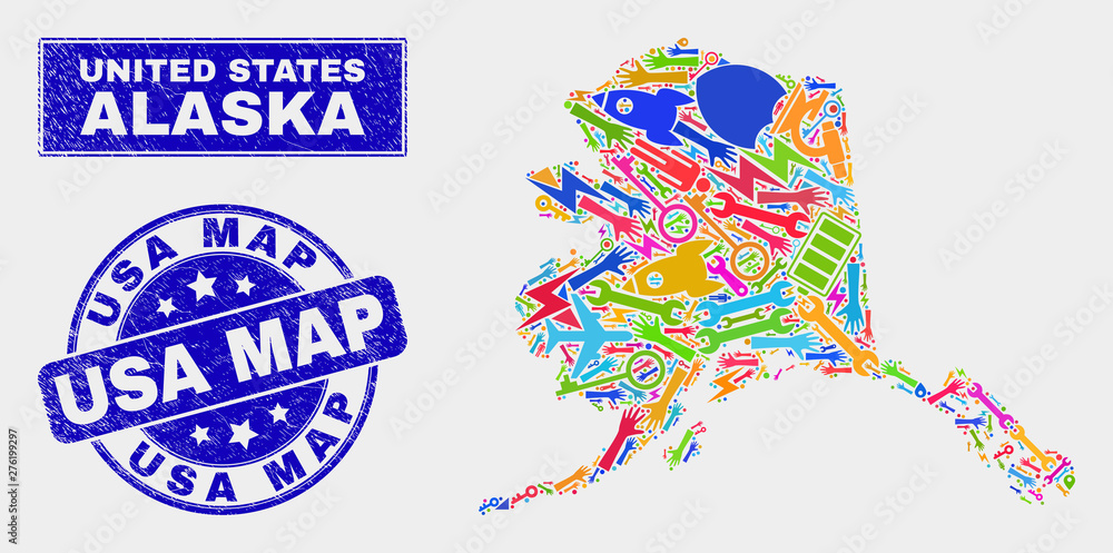 Fototapeta premium Mosaic tools Alaska map and USA Map seal stamp. Alaska map collage formed with scattered colored tools, palms, industry symbols. Blue rounded USA Map seal stamp with scratched texture.