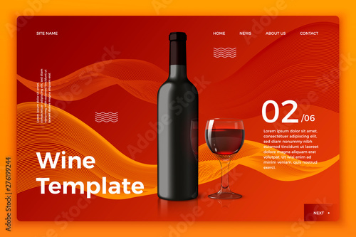 Vector realistic 3d site template with wine bottle and glass on bright modern background. Mock-up for product package branding.