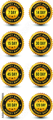 Golden colored money back guaranteed badge set, bundle, kit isolated on white background. banner, sticker, tag, icon, stamp, label, sign.