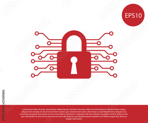 Red Cyber security icon isolated on white background. Closed padlock on digital circuit board. Safety concept. Digital data protection. Vector Illustration