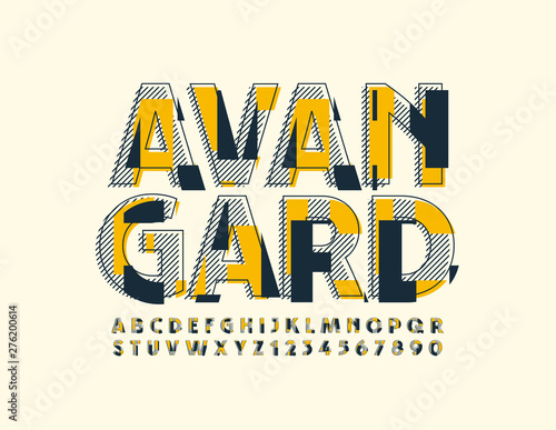 Vector Avangard Font. Uppercase pop art style Alphabet. Trendy Letters and Numbers set