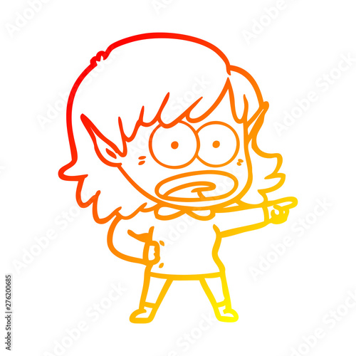 warm gradient line drawing cartoon shocked elf girl pointing