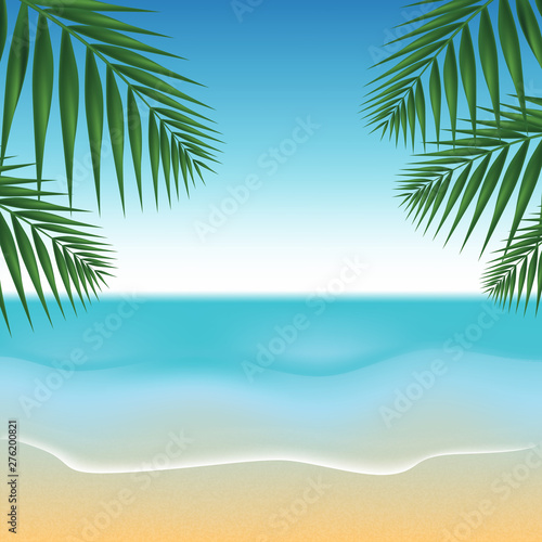 Summer tropical background with palm leaves and seacoast. Vector illustration.