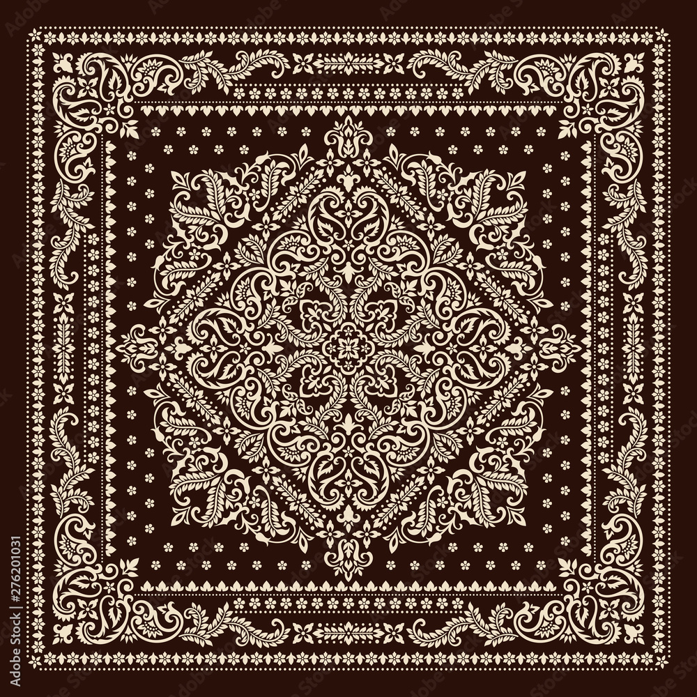 Vector ornament Bandana Print. Traditional ornamental ethnic pattern with  paisley and flowers. Silk neck scarf or kerchief square pattern design  style, best motive for print on fabric or papper. Stock Vector