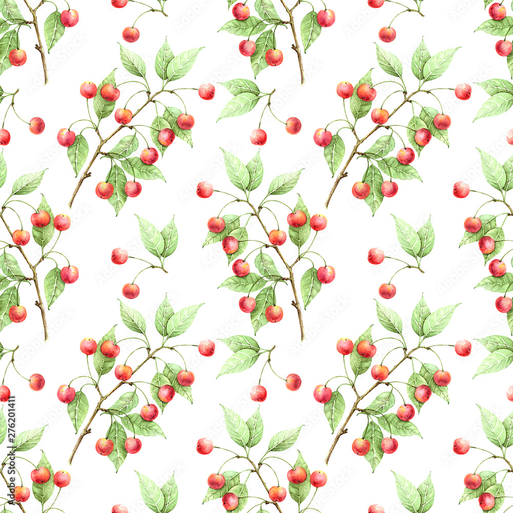cherry branch pattern with red berries on a white background drawing watercolor cherry branch pattern with red berries on a white background drawing watercolor
