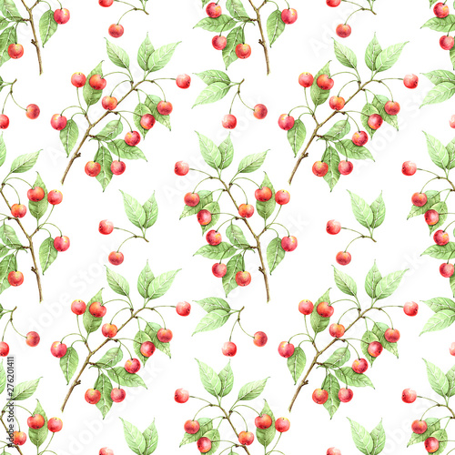 Wallpaper Mural cherry branch pattern with red berries on a white background drawing watercolor Torontodigital.ca