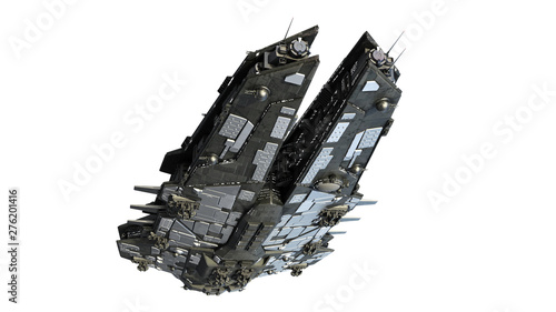 Alien spaceship flying, UFO spacecraft in flight isolated on white background, bottom view, 3D rendering