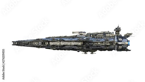 Alien spaceship flying, UFO spacecraft in flight isolated on white background, side view, 3D rendering
