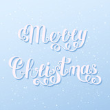 Merry Christmas Handwritten Lettering White Text Isolated on Light Blue Snowy Background.