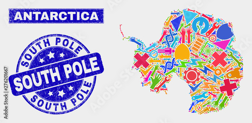 Mosaic service Antarctica continent map and South Pole watermark. Antarctica continent map collage formed with scattered colored tools, palms, service items.