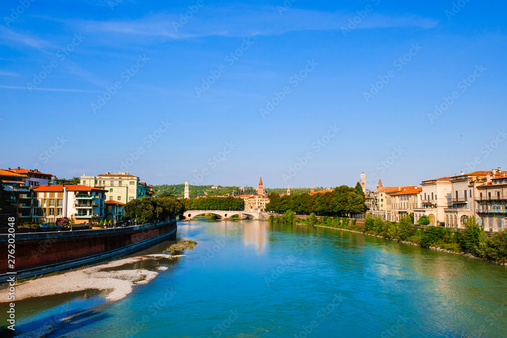 Verona, Italy: Panoramic view of the Adige river from the bridge Ponte Scaligero.