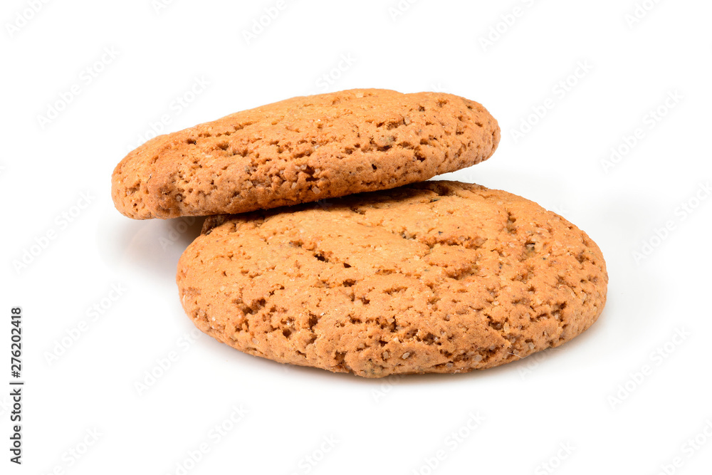 Homemade cookies. Two sweet cookie made from oatmeal flour. Tasty biscuit in high resolution closeup isolated on white background. Homemade bakery. Homemade cookies. Two sweet cookie made from oatmeal flour. Tasty biscuit in high resolution closeup isolated on white background. Homemade bakery.