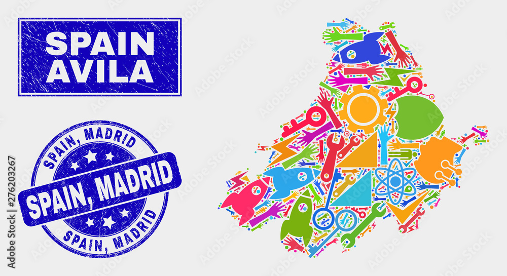 Obraz premium Mosaic service Avila Province map and Spain, Madrid seal stamp. Avila Province map collage made with scattered colorful equipment, palms, production items. Blue rounded Spain,