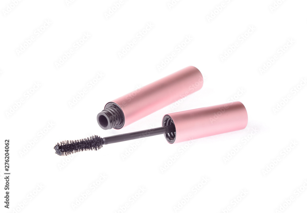 Pink mascara box isolated on white background. Open tube with thick brush for volume lashes Pink mascara box isolated on white background. Open tube with thick brush for volume lashes