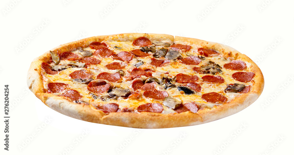 Italian cuisine. Fresh pepperoni pizza. Salami and mushrooms pizza isolated on white background.