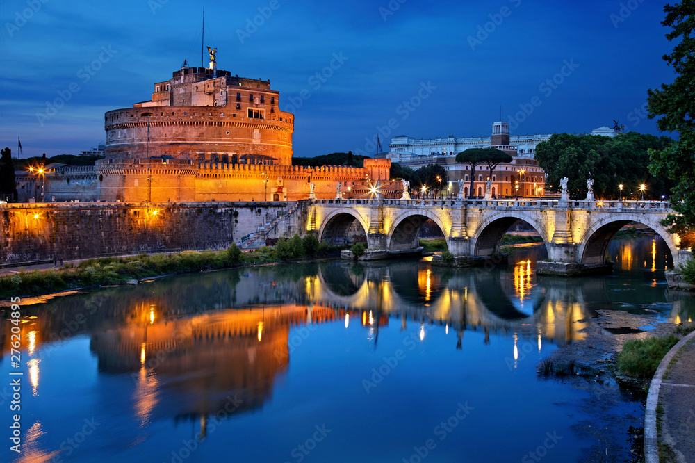 Tiber river, Castel Sant'Angelo and Ponte Sant'Angelo , Rome, Italy 