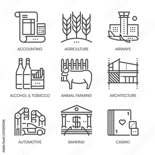 Industry related, square line vector icon set for applications and website development. The icon set is pixelperfect with 64x64 grid. Crafted with precision and eye for quality.