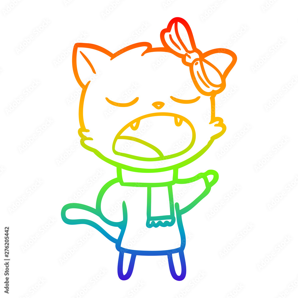 Fototapeta premium rainbow gradient line drawing cartoon cat in winter clothes