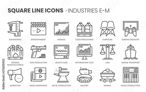 Industries related, square line vector icon set for applications and website development. The icon set is pixelperfect with 64x64 grid. Crafted with precision and eye for quality.