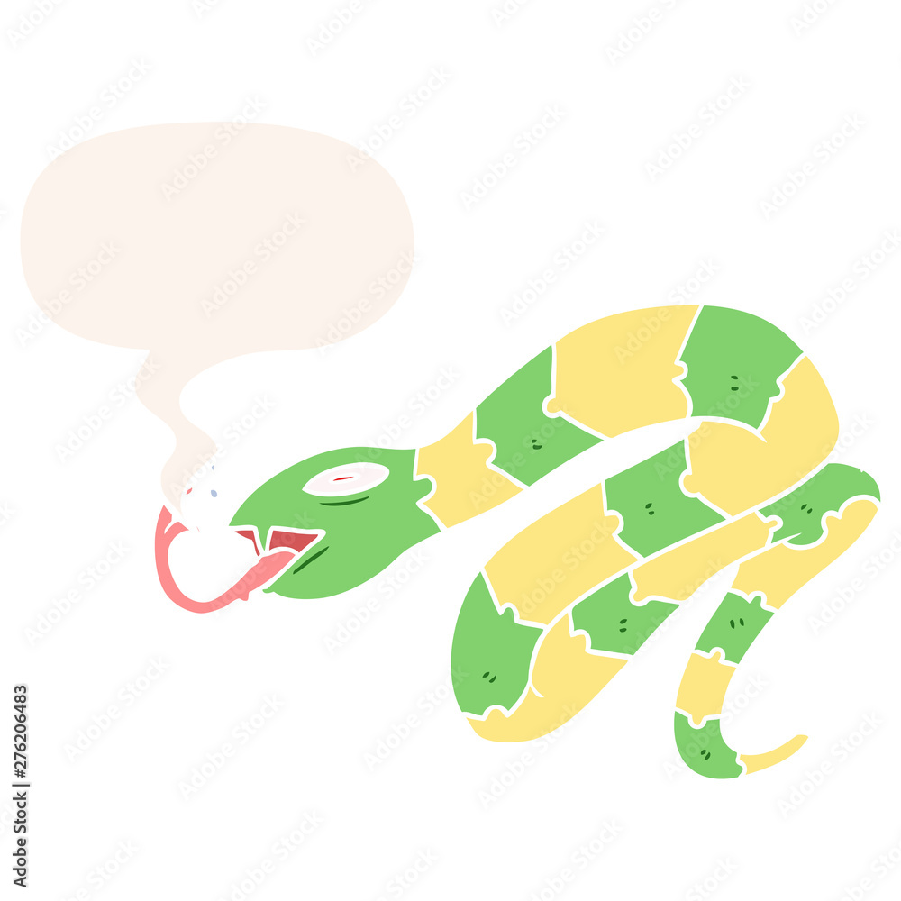 cartoon hissing snake and speech bubble in retro style