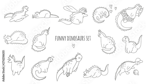 Vector set of funny black and white dinosaurs in different poses. Comic dino concept in cartoon style. Doodle line drawing of sarcastic reptiles.